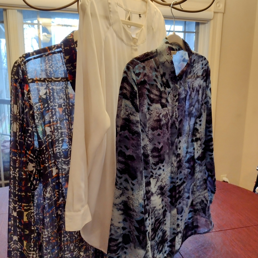 CAbi Stylish Blouse Trio in Beige, Blue, and Black